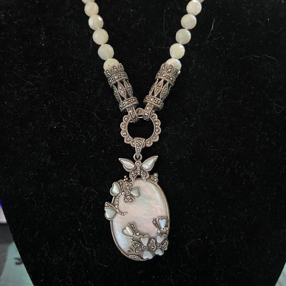 Artisan 925 Silver MOP Marcasite Faceted Iolite Tourmaline Necklace - Picture 2 of 9